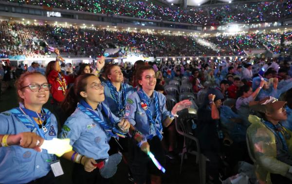 Scouts enjoy a K-pop concert for the 2023 World Scout Jamboree held at Seoul World Cup Stadium in western Seoul on Friday. (Ministry of Culture, Sports and Tourism)